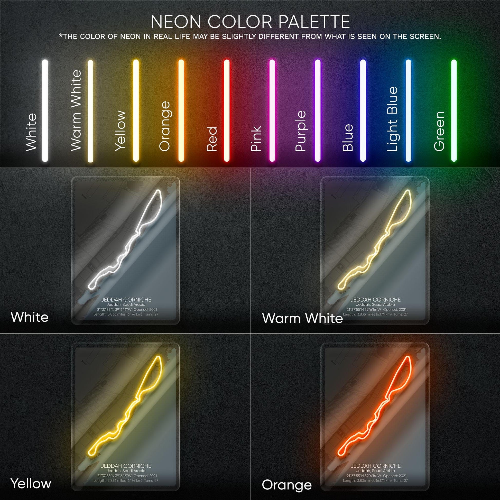 Jeddah Circuit Neon Sign - Modern Formula 1 street circuit wall art inspired by the Saudi Arabian Grand Prix, perfect for garage, race fan