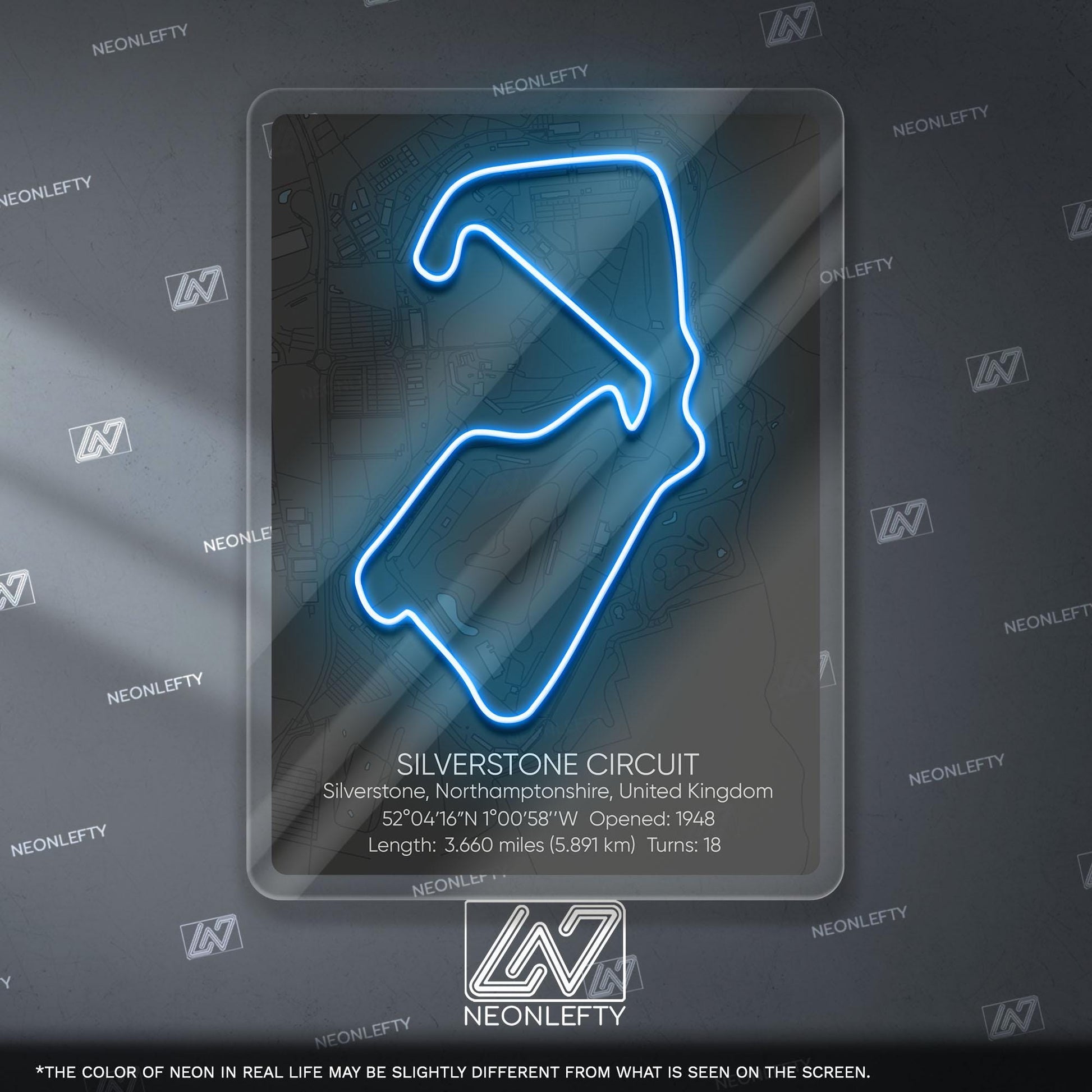 Silverstone Circuit Neon Sign - Historic British Formula 1 track wall art for motorsport fans, perfect for garage, man cave, racing decor