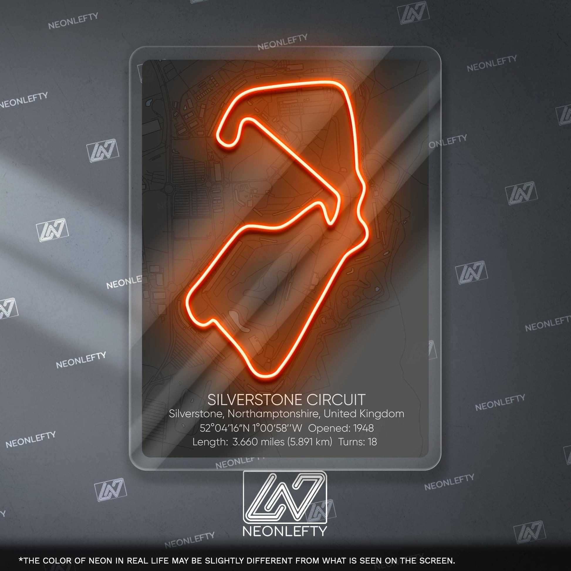 Silverstone Circuit Neon Sign - Historic British Formula 1 track wall art for motorsport fans, perfect for garage, man cave, racing decor