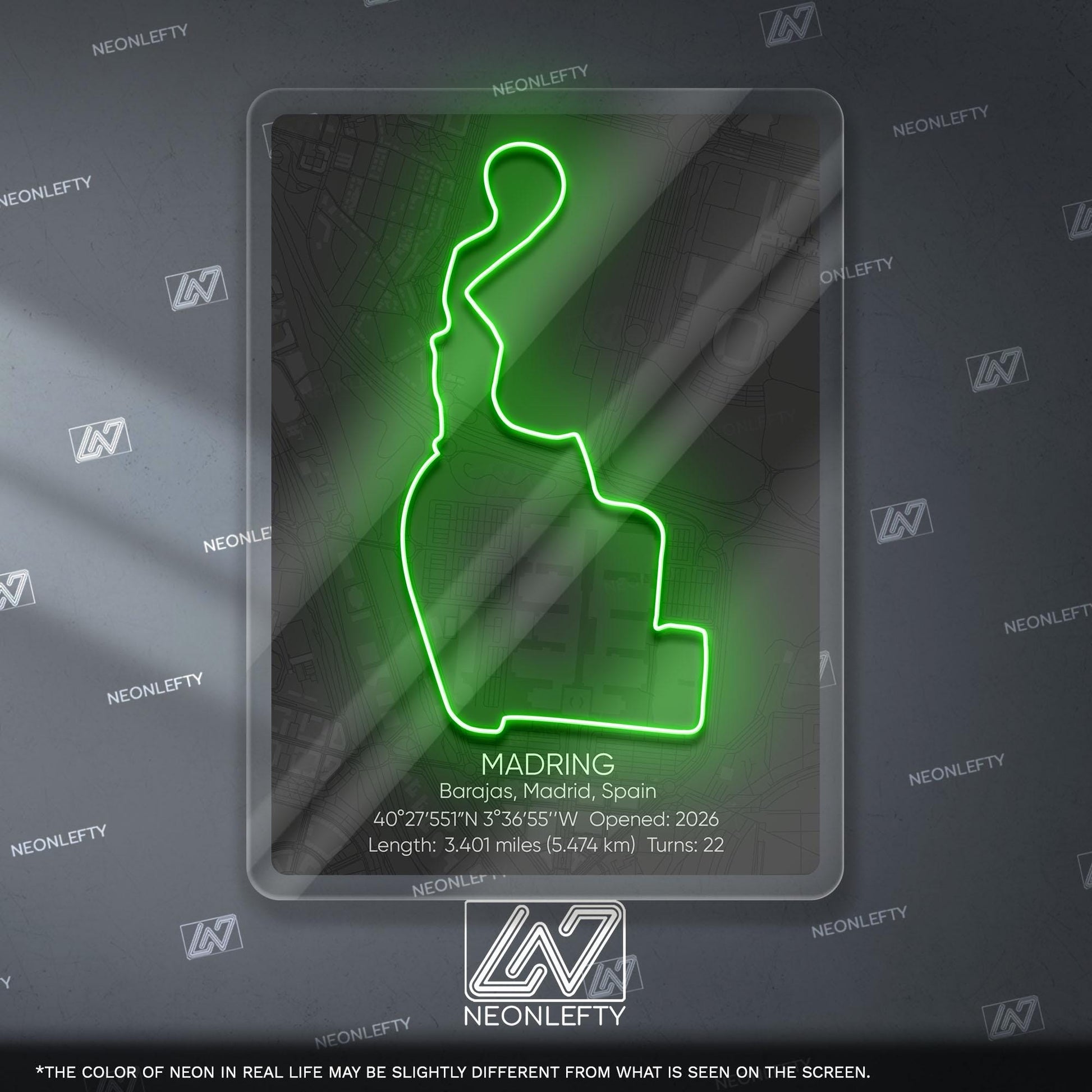 Madring Circuit Neon Sign - Modern racing track wall art inspired by Circuito de Madring, perfect for garage, man cave, motorsport room