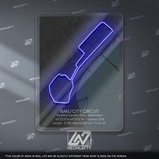 Baku Circuit Neon Sign - Iconic Formula 1 street track wall art inspired by the Azerbaijan Grand Prix, perfect for garage, racing decor