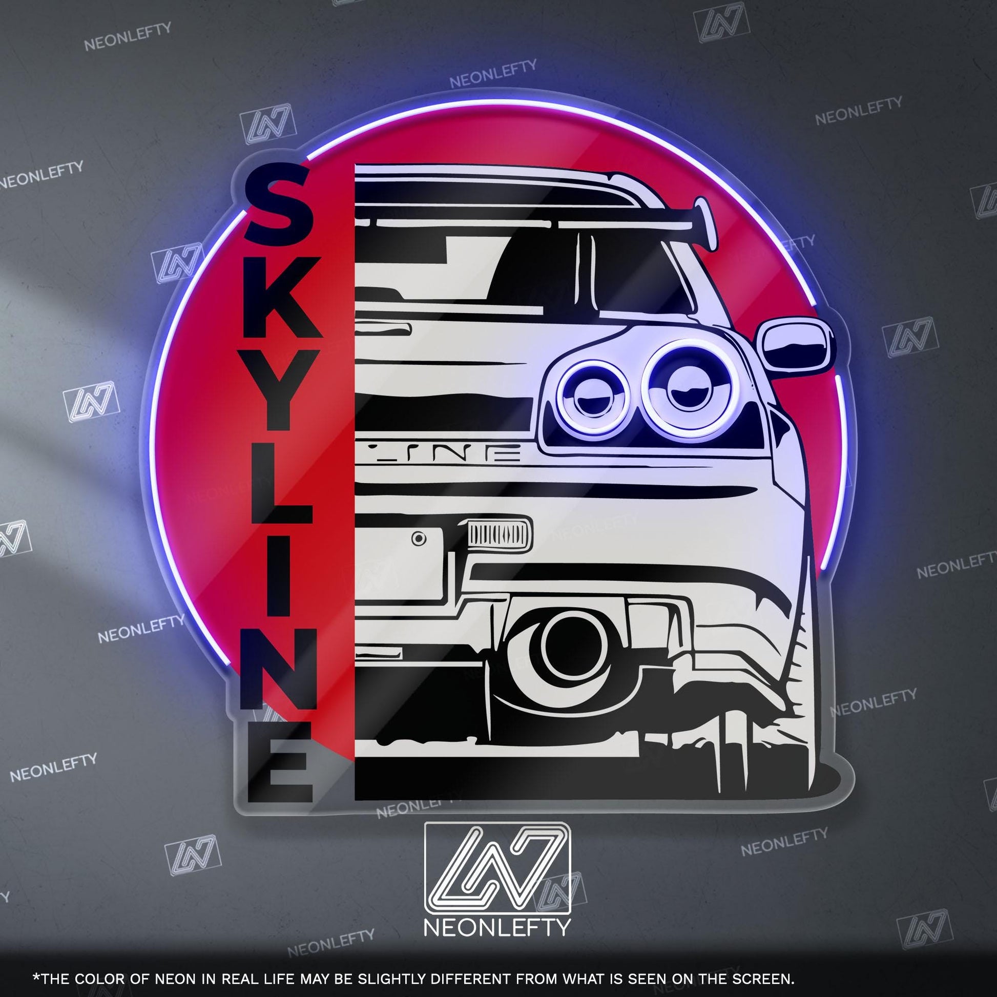 Nissan Skyline Neon Sign - Rear view wall art of legendary JDM icon R34, perfect for garage, man cave, tuner setup, street racing enthusiast