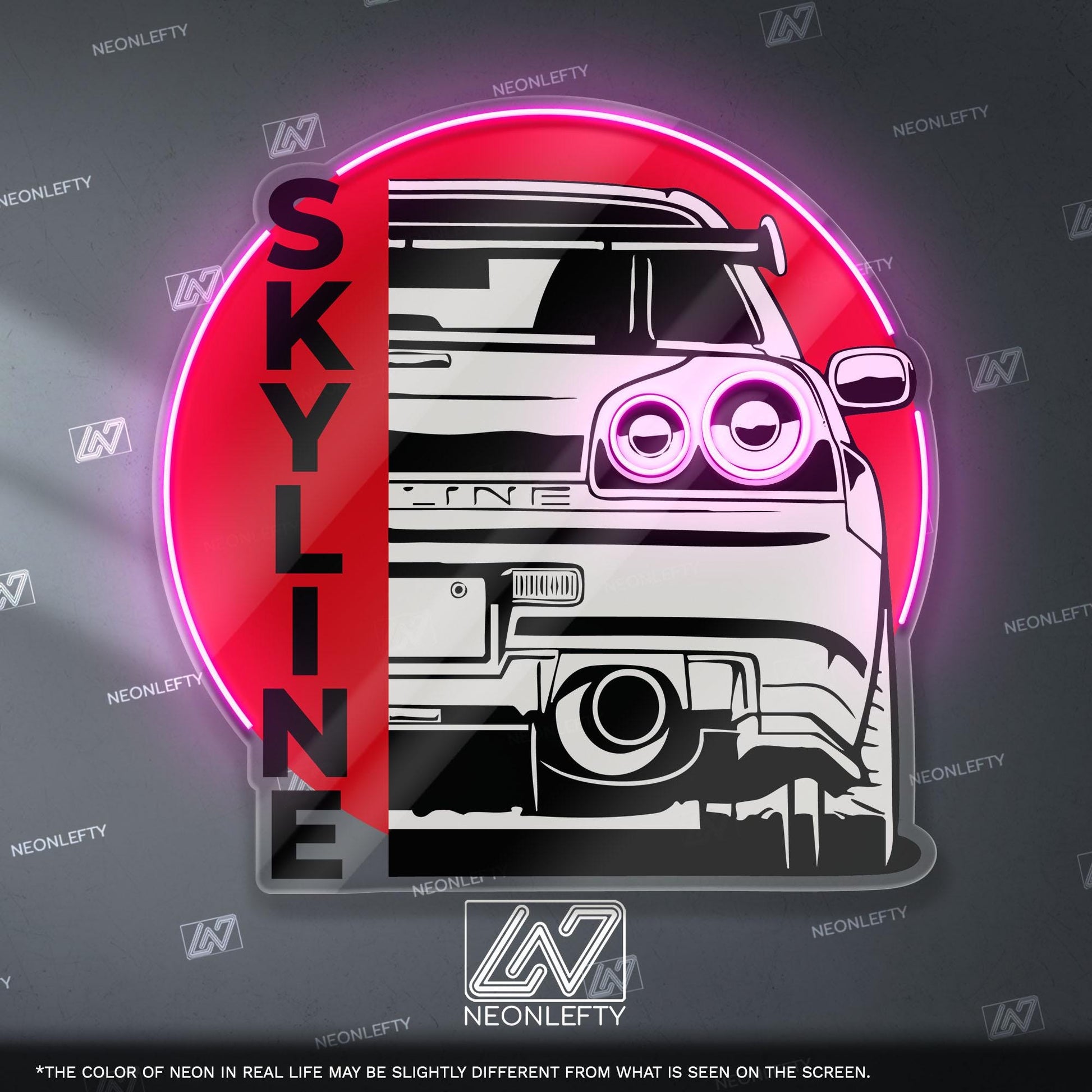 Nissan Skyline Neon Sign - Rear view wall art of legendary JDM icon R34, perfect for garage, man cave, tuner setup, street racing enthusiast