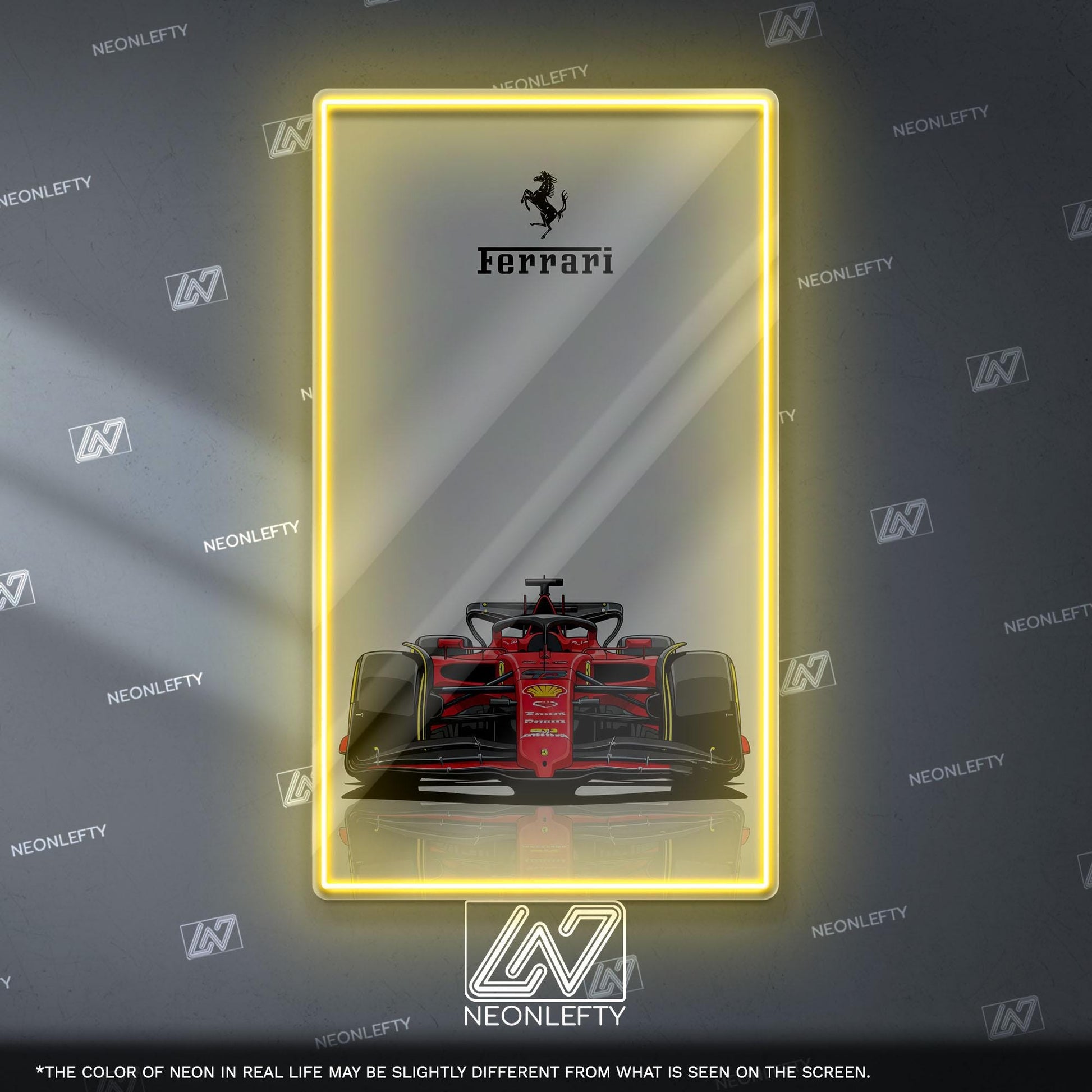 Ferrari F1 Neon Sign - Bold front view wall art of iconic Scuderia Ferrari Formula 1 car, perfect for garage, man cave, office or motorsport