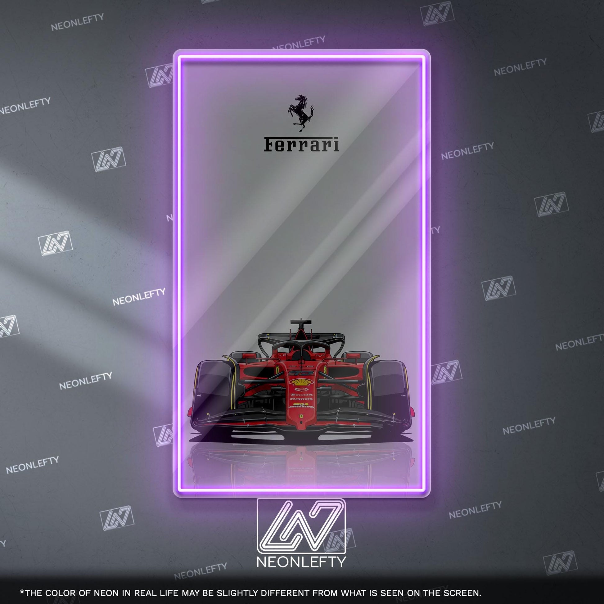 Ferrari F1 Neon Sign - Bold front view wall art of iconic Scuderia Ferrari Formula 1 car, perfect for garage, man cave, office or motorsport