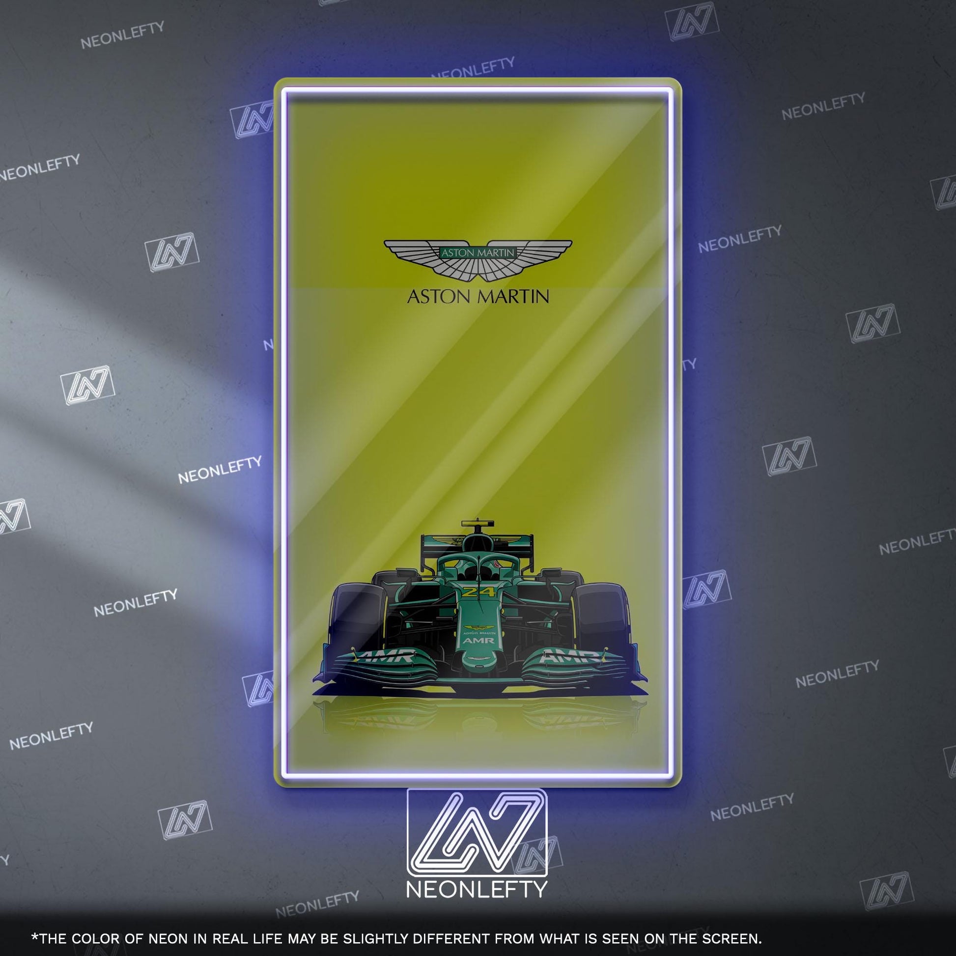 Aston Martin F1 Neon Sign - Front view wall art of Aston Martin Formula 1 car, perfect for garage, man cave, office or motorsport decor