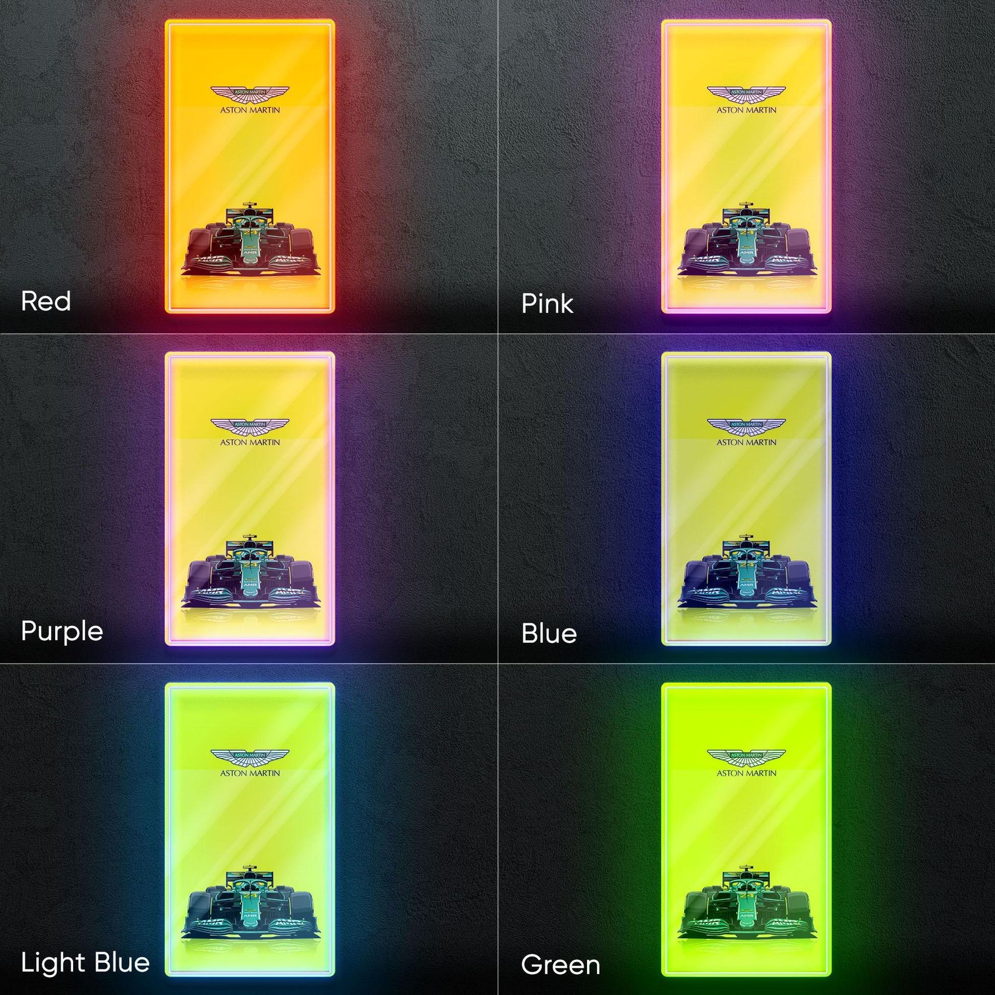 Aston Martin F1 Neon Sign - Front view wall art of Aston Martin Formula 1 car, perfect for garage, man cave, office or motorsport decor