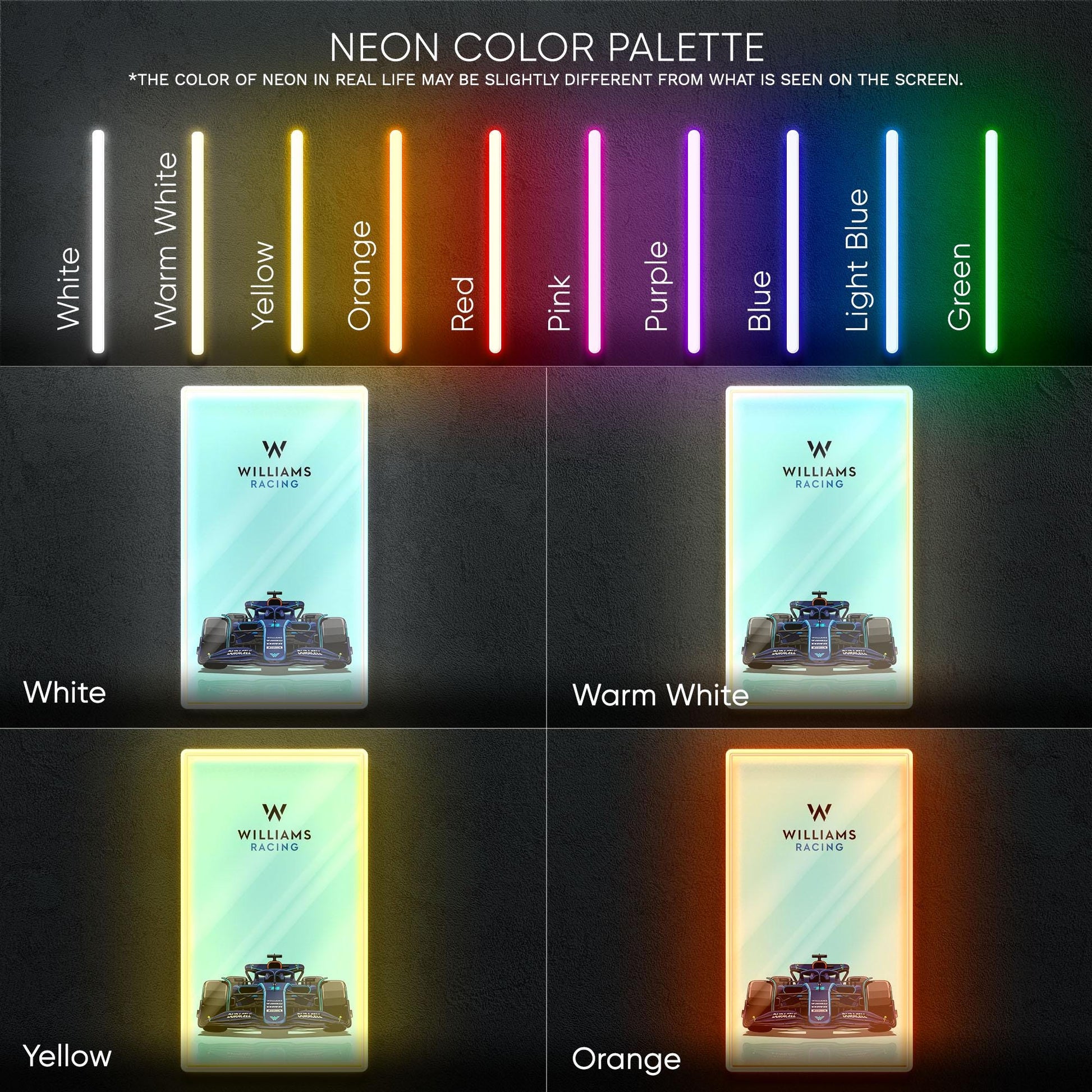 Williams Racing F1 Neon Sign - Front view wall art of iconic Formula 1 team car, perfect for garage, man cave, office or motorsport setup