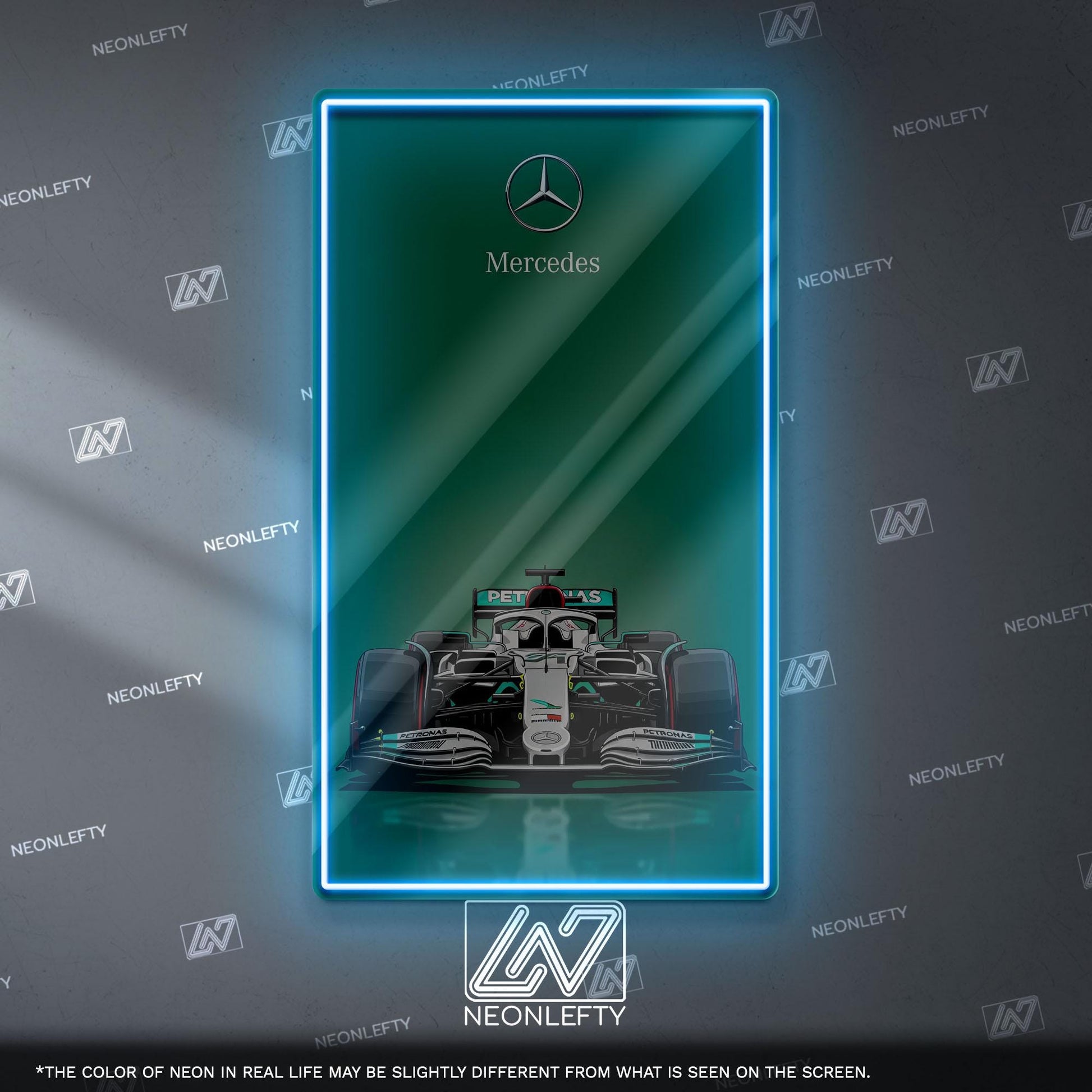 Mercedes F1 Neon Sign - Sleek front view wall art of iconic Formula 1 car, perfect for garage, man cave, office or motorsport enthusiast