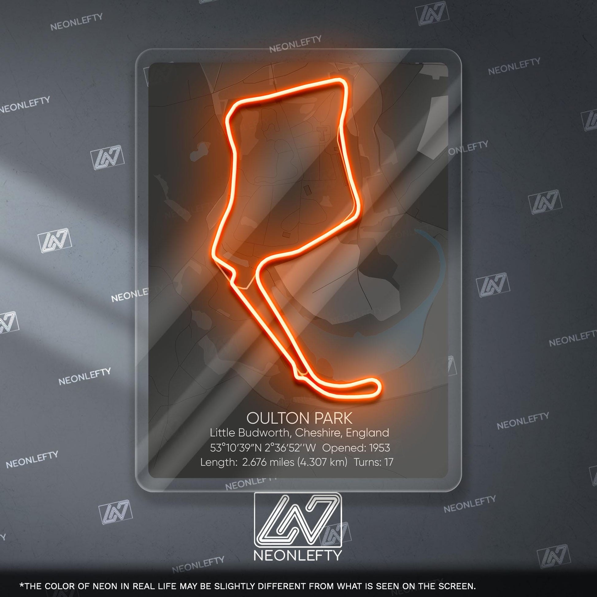 Oulton Park Neon Sign - Classic British motorsport circuit art for racing fans, perfect for garage, man cave, track-inspired decor space