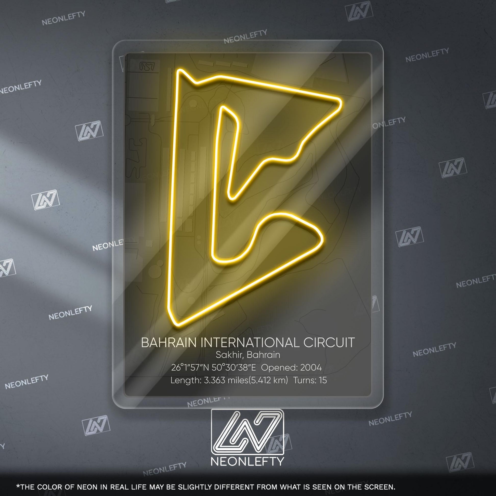 Bahrain Circuit Neon Sign - Modern Formula 1 track wall art inspired by the Grand Prix, perfect for garage, man cave or racing space