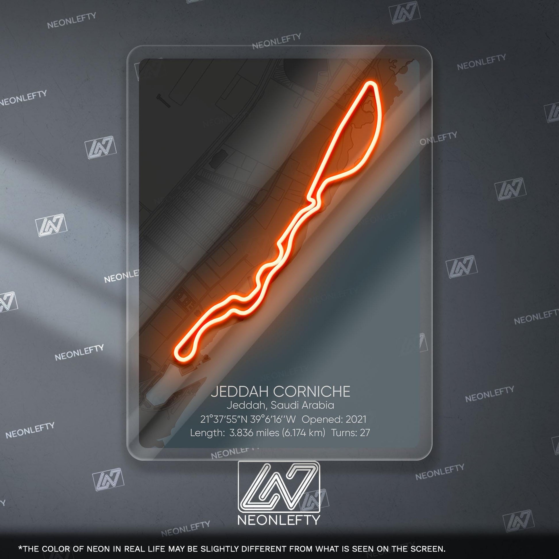 Jeddah Circuit Neon Sign - Modern Formula 1 street circuit wall art inspired by the Saudi Arabian Grand Prix, perfect for garage, race fan