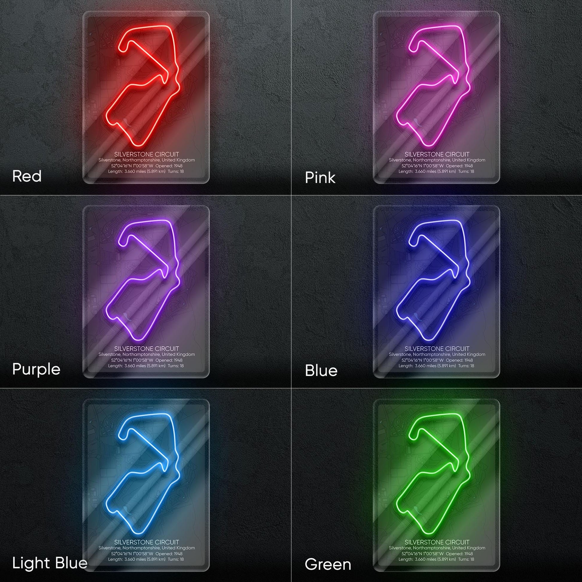 Silverstone Circuit Neon Sign - Historic British Formula 1 track wall art for motorsport fans, perfect for garage, man cave, racing decor