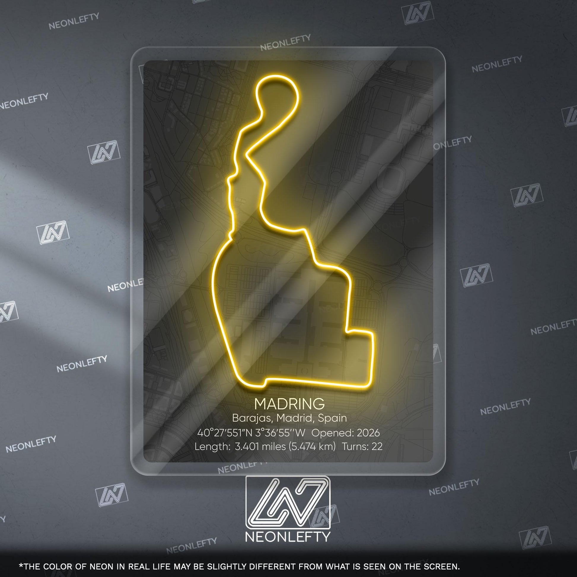 Madring Circuit Neon Sign - Modern racing track wall art inspired by Circuito de Madring, perfect for garage, man cave, motorsport room