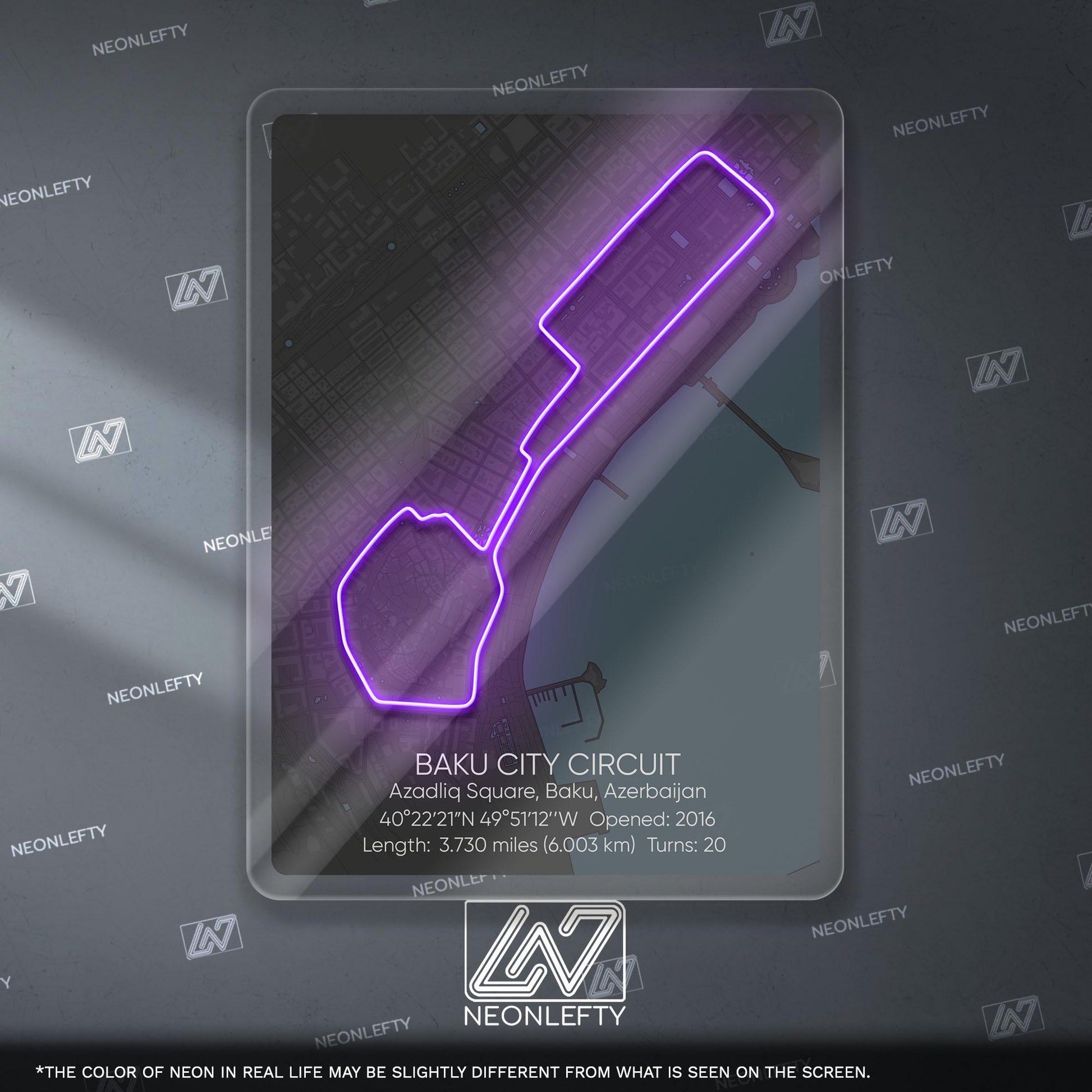 Baku Circuit Neon Sign - Iconic Formula 1 street track wall art inspired by the Azerbaijan Grand Prix, perfect for garage, racing decor