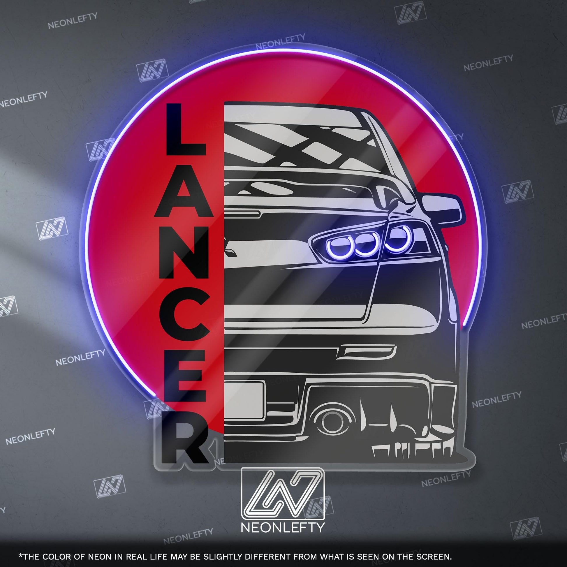 Lancer Evo X Neon Sign - Rear view wall art of iconic Mitsubishi Evo X, perfect for garage, man cave, tuner room or JDM rally car enthusiast