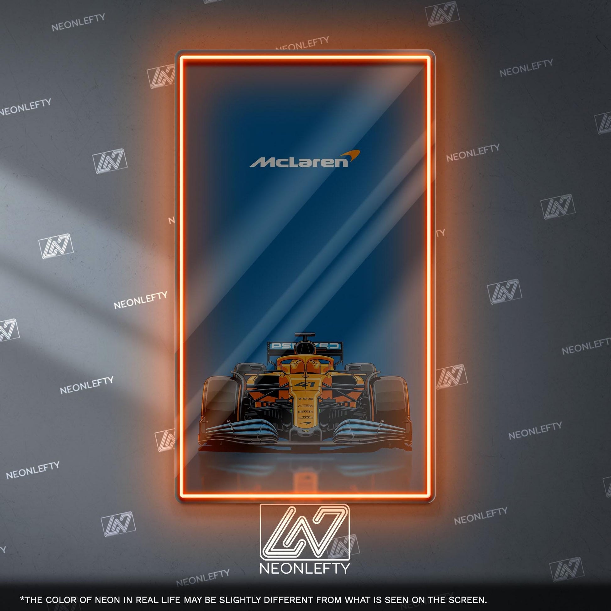 McLaren F1 Neon Sign - Bold front view wall art of iconic McLaren Formula 1 car, perfect for garage, man cave, office or motorsport setup