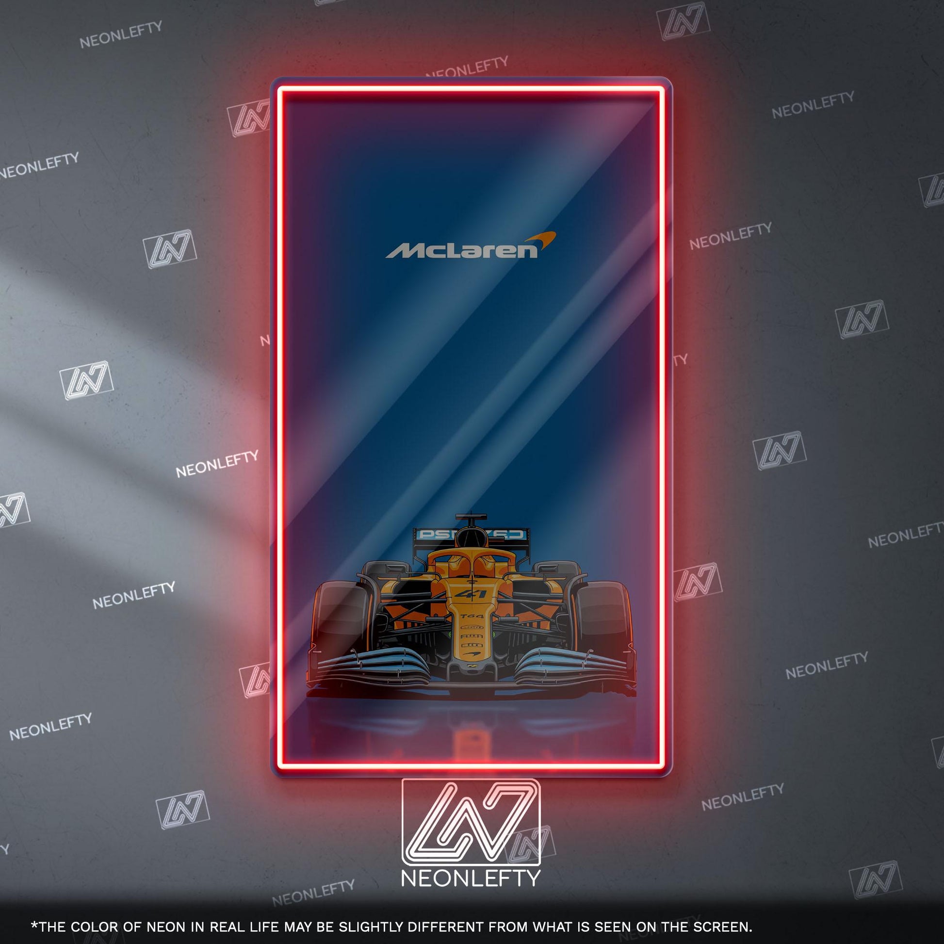 McLaren F1 Neon Sign - Bold front view wall art of iconic McLaren Formula 1 car, perfect for garage, man cave, office or motorsport setup