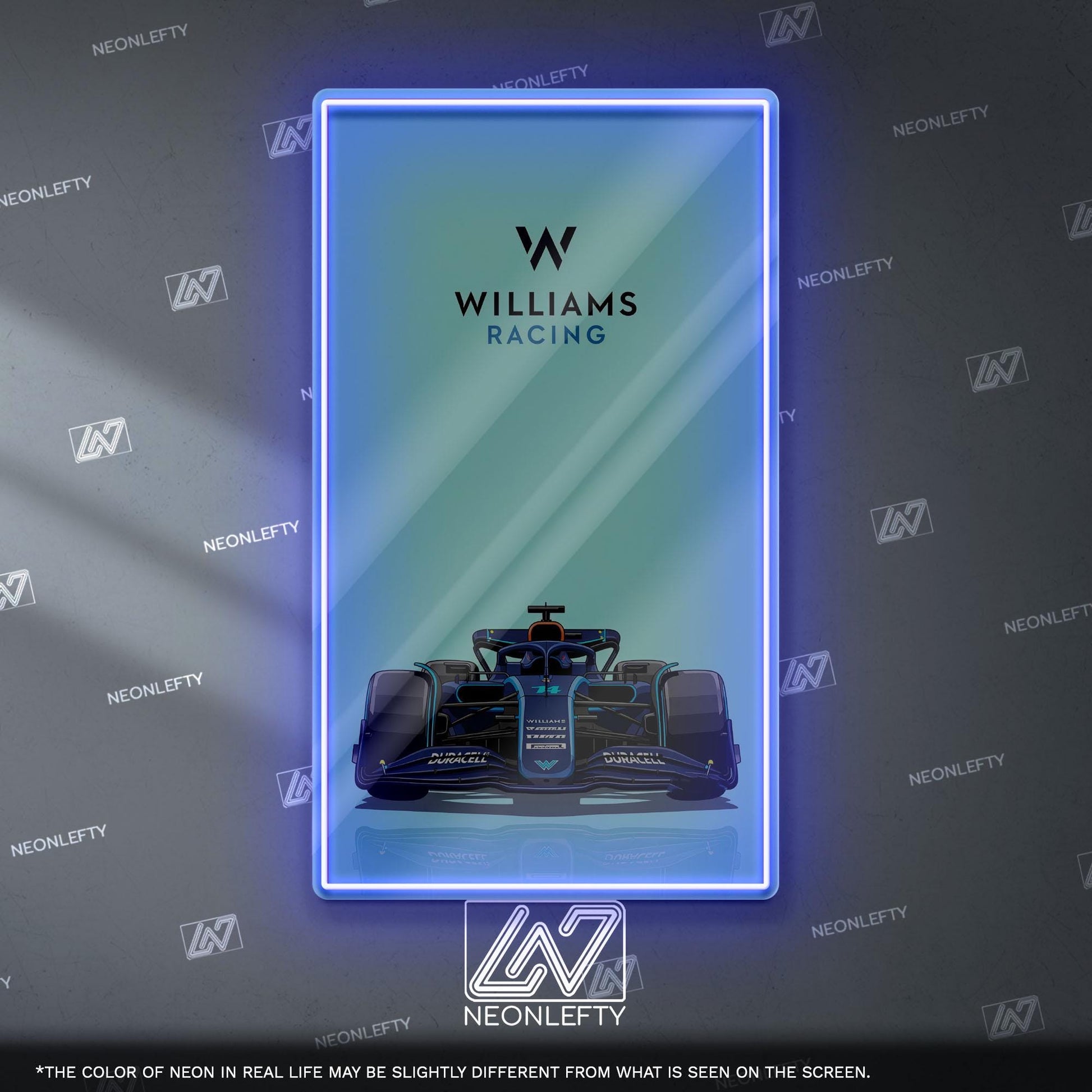 Williams Racing F1 Neon Sign - Front view wall art of iconic Formula 1 team car, perfect for garage, man cave, office or motorsport setup