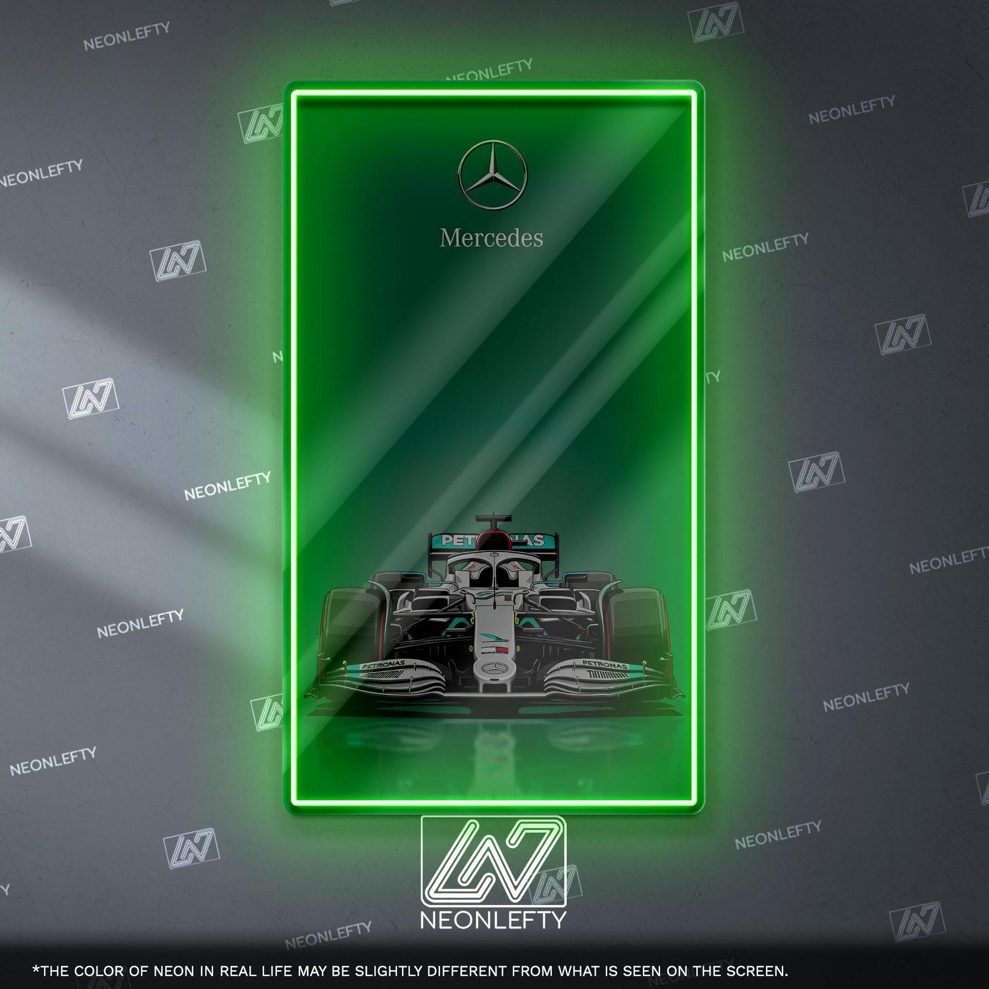 Mercedes F1 Neon Sign - Sleek front view wall art of iconic Formula 1 car, perfect for garage, man cave, office or motorsport enthusiast