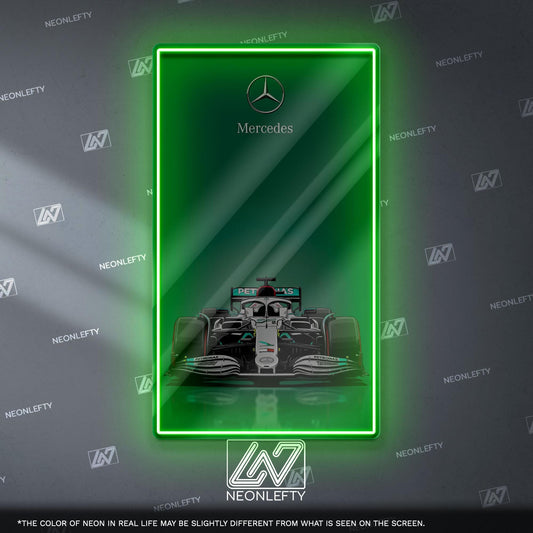 Mercedes F1 Neon Sign - Sleek front view wall art of iconic Formula 1 car, perfect for garage, man cave, office or motorsport enthusiast