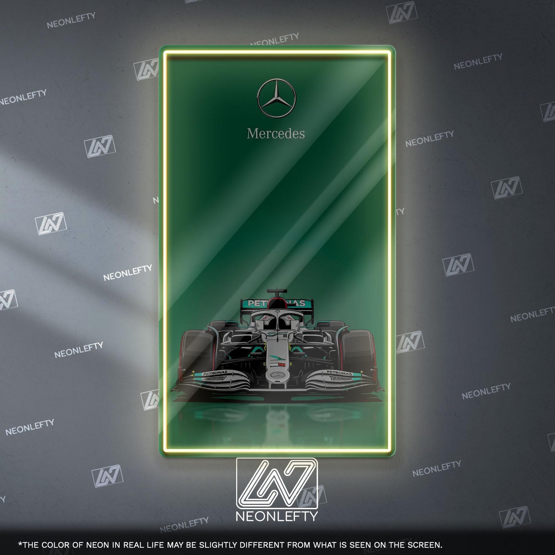 Mercedes F1 Neon Sign - Sleek front view wall art of iconic Formula 1 car, perfect for garage, man cave, office or motorsport enthusiast