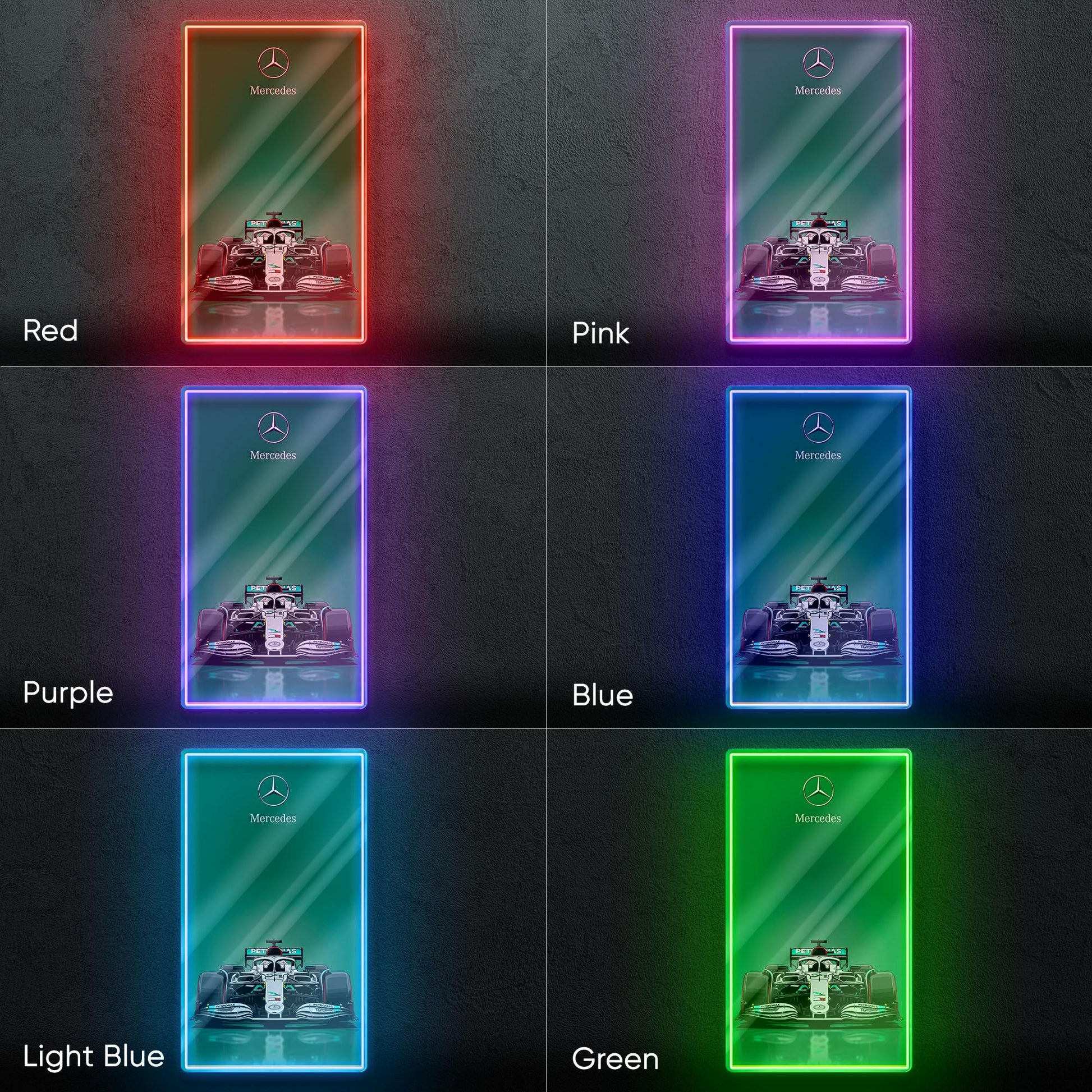 Mercedes F1 Neon Sign - Sleek front view wall art of iconic Formula 1 car, perfect for garage, man cave, office or motorsport enthusiast