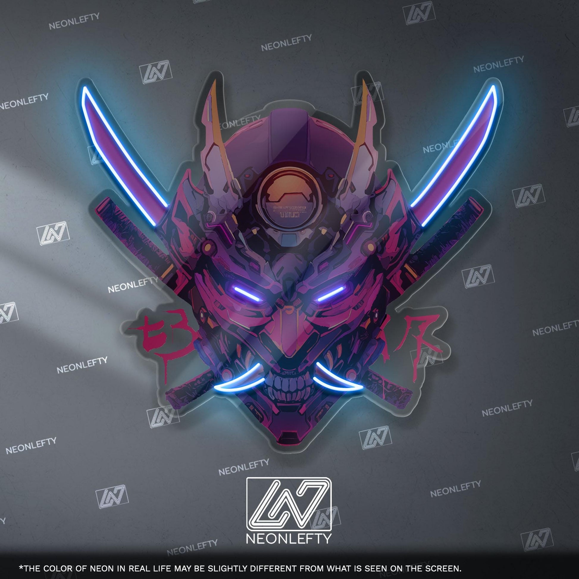 Cyberpunk Oni Mask Neon Sign - Japanese demon wall decor inspired by cyberpunk aesthetics, perfect for gaming room, studio or anime interior