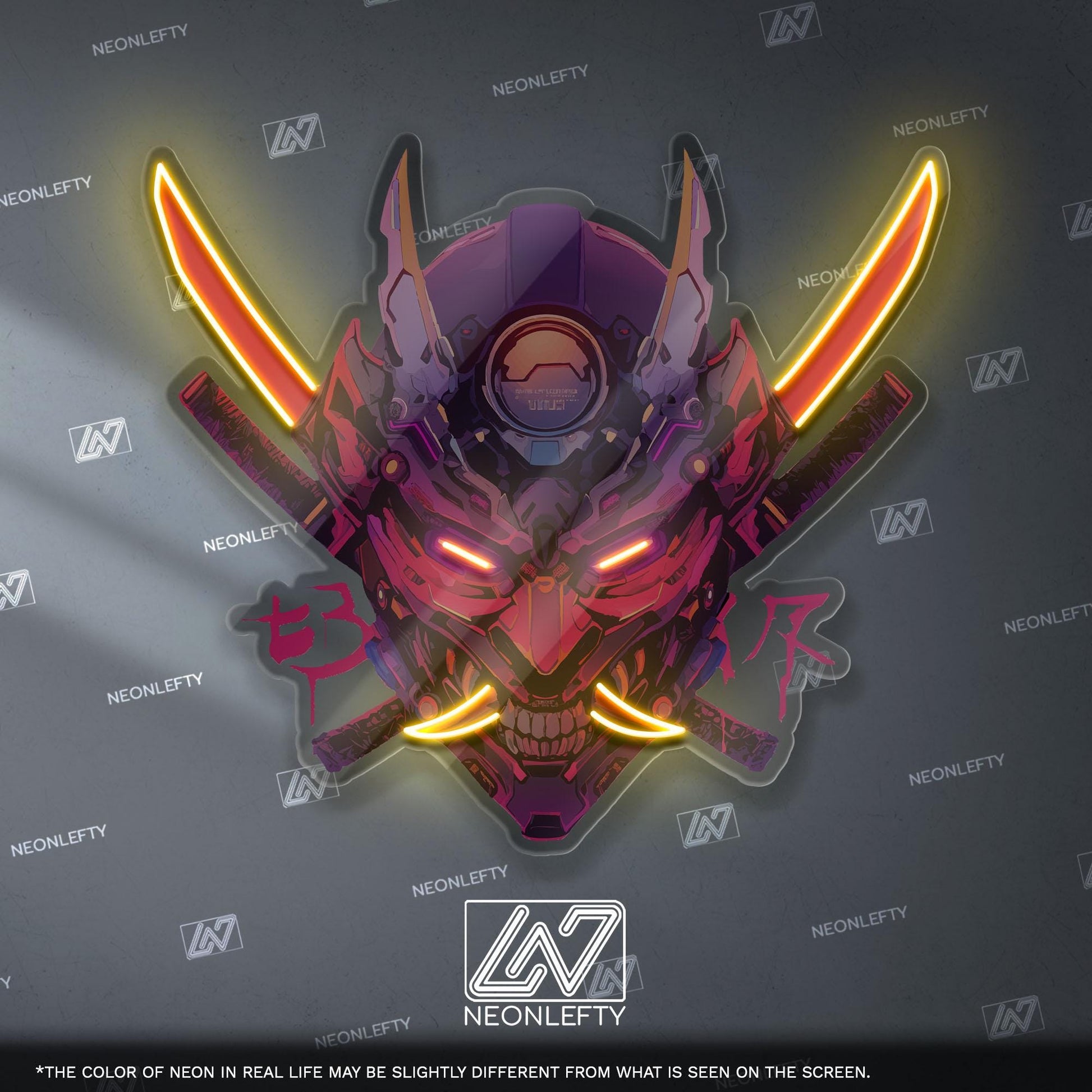 Cyberpunk Oni Mask Neon Sign - Japanese demon wall decor inspired by cyberpunk aesthetics, perfect for gaming room, studio or anime interior